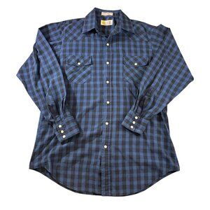 Mens Blue Plaid Long Sleeve Button-Up Western Pearl Snap